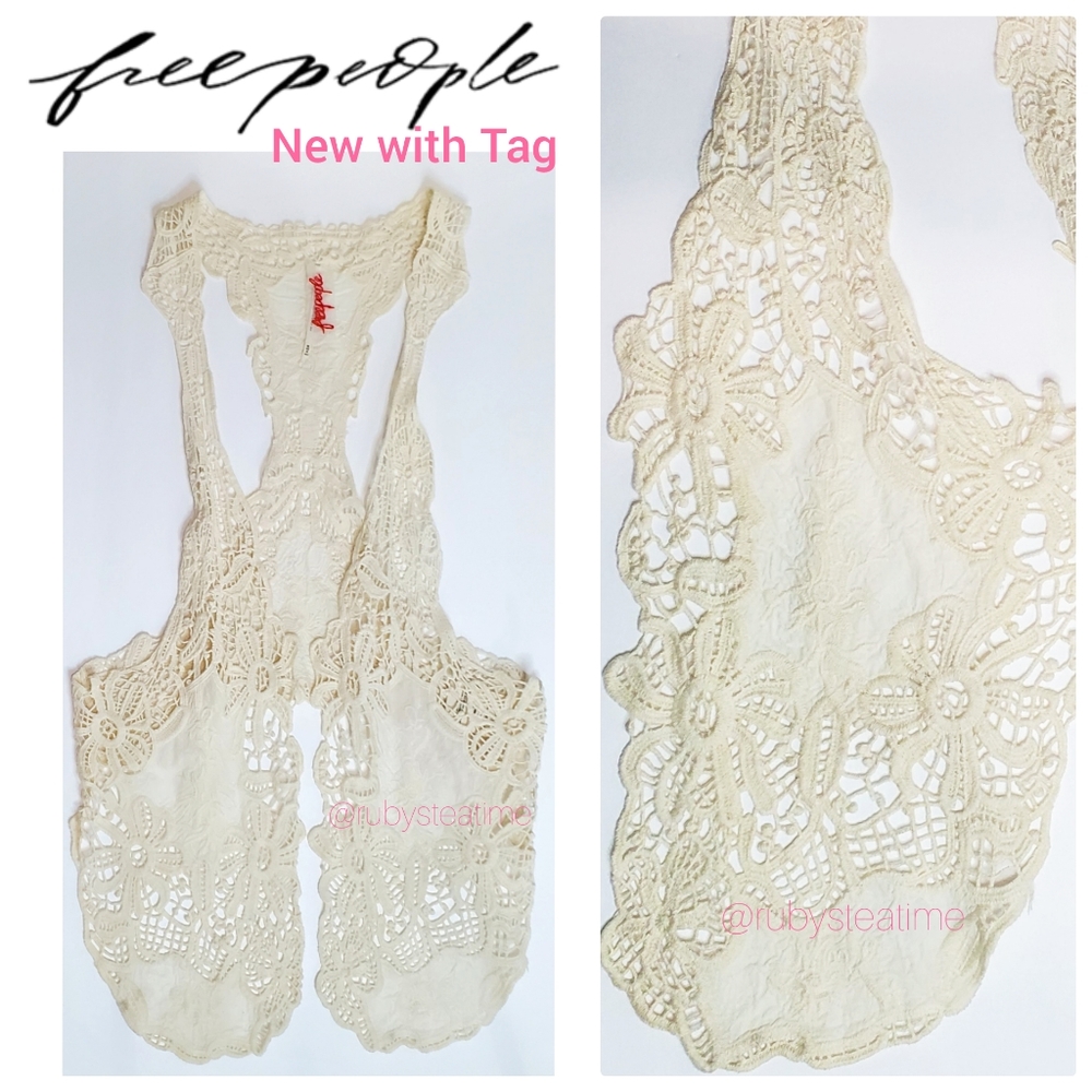 FREE PEOPLE Boho Ivory Crochet Lace Long Vest, Gypsy, Vintage Look, New with Tag